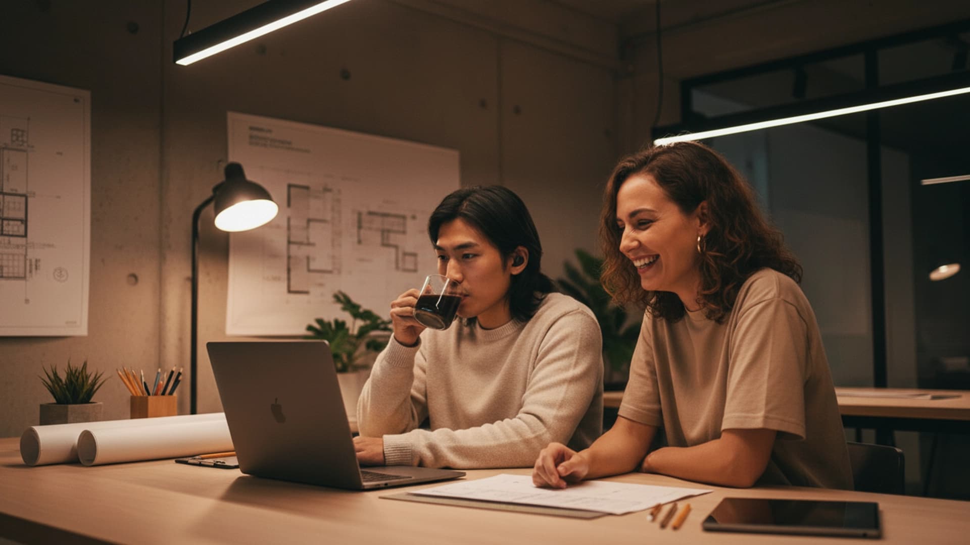 Person laughing and working